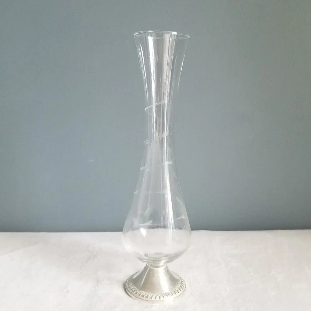 Vtg DUCHIN Sterling Silver Weighted Glass Bud Vase Etched MCM Flower Mid-Century